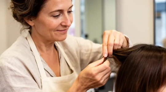 Coiffeuse réalisant un diagnostic capillaire en examinant une mèche de cheveux en salon