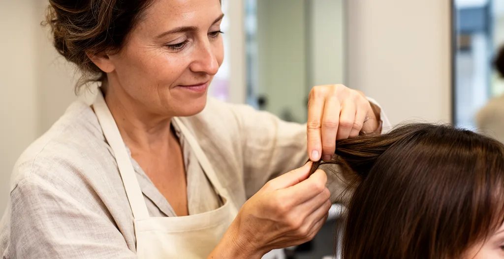 Coiffeuse réalisant un diagnostic capillaire en examinant une mèche de cheveux en salon
