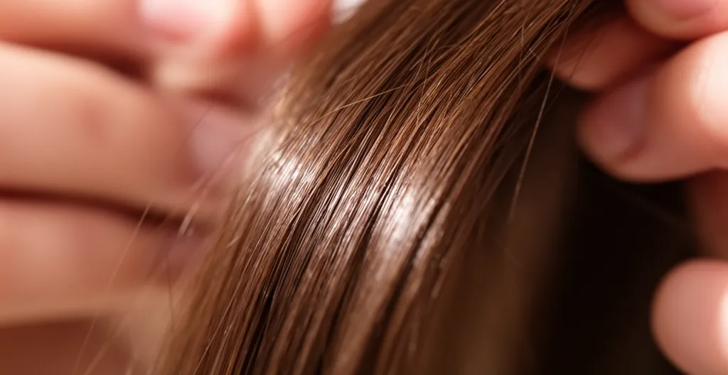 Gros plan sur une mèche de cheveux naturels révélant la texture capillaire